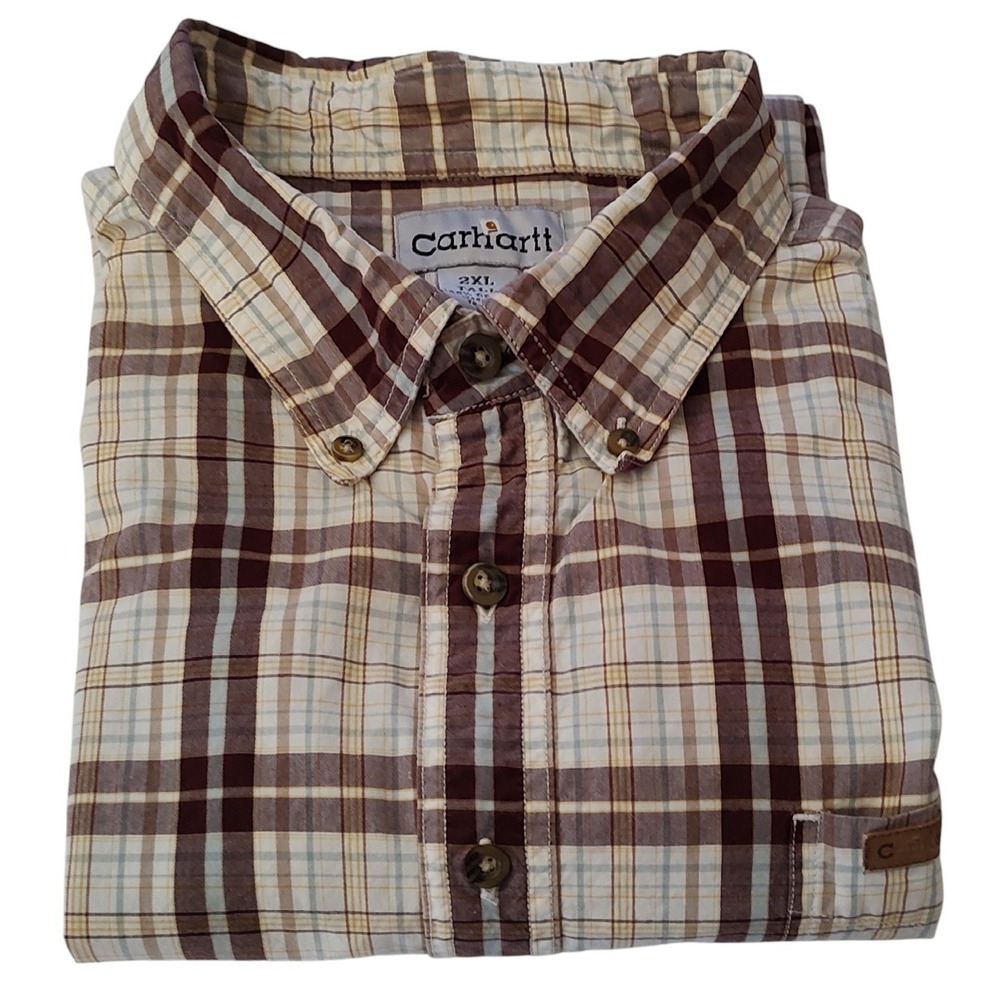 Carhartt Plaid Shirt Brown Cotton Button Up Mens Size Two‎ Extra Large Tall